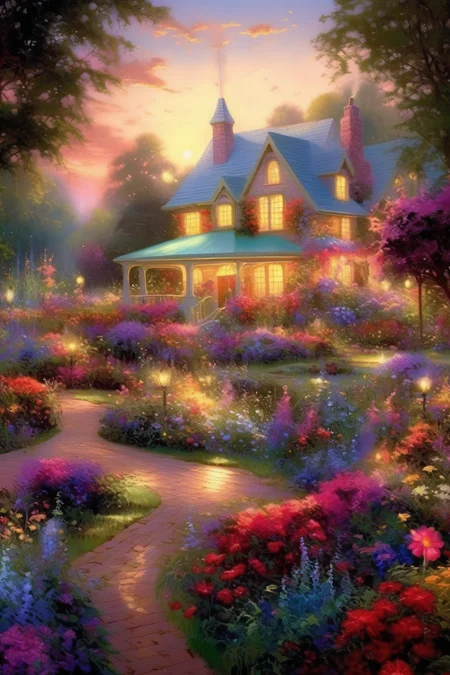 <lora:Thomas Kinkade Style:1>Thomas Kinkade Style - Thomas Kinkade vibrant flower garden, beautiful summer evening. exclude any images of architecture