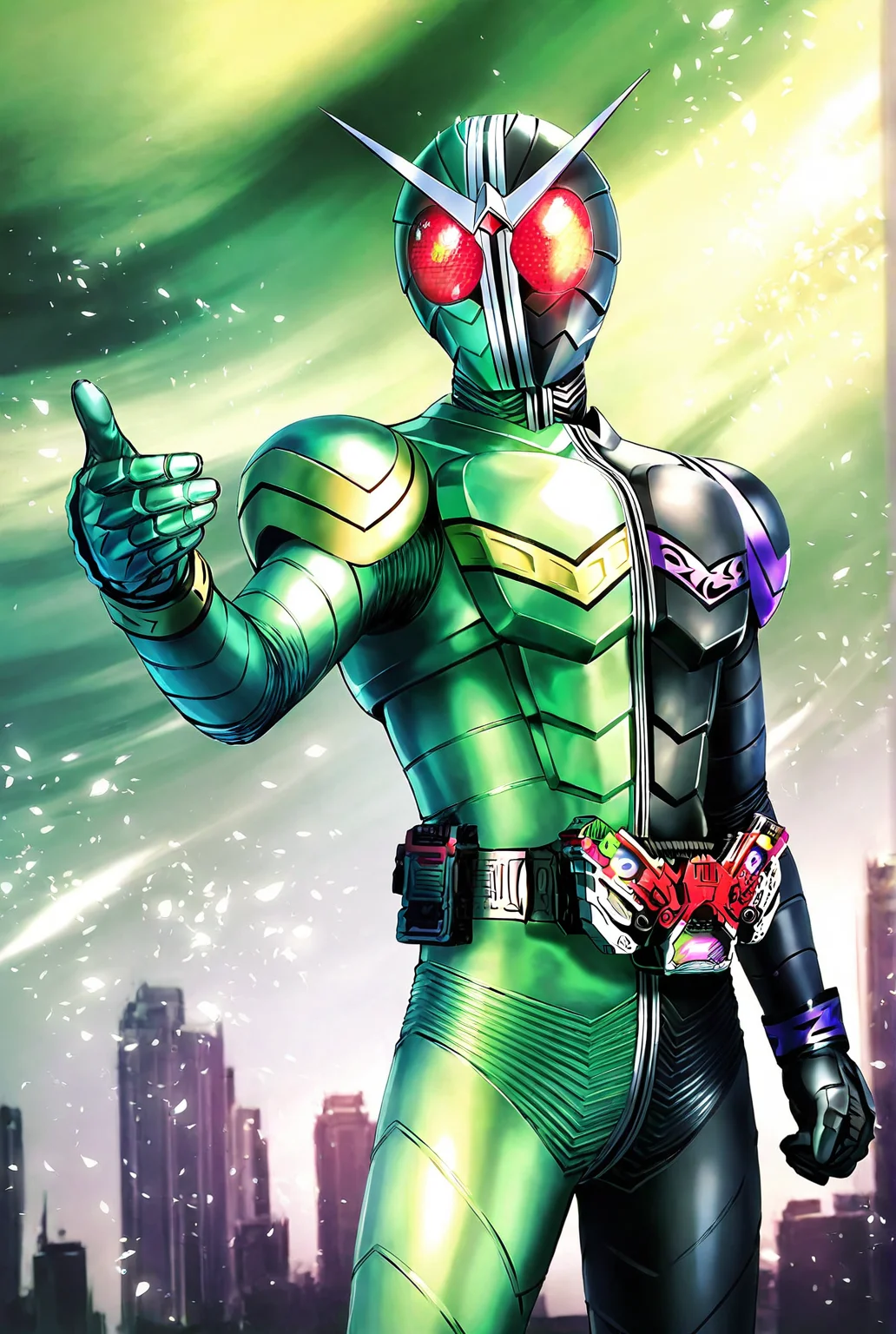 score_9,score_8_up,score_7_up,male focus,ultra-detailed,high resolution,digital painting,8k,1boy,solo,cowboy shot,male focus,detailed face,armor,bodysuit,belt,antennae,red eyes,tokusatsu,helmet,green bodysuit,black bodysuit,gloves,fighting stance,<lora:add-detail-xl:1>,<lora:Kamen Rider Double:0.8>,kamen rider double,