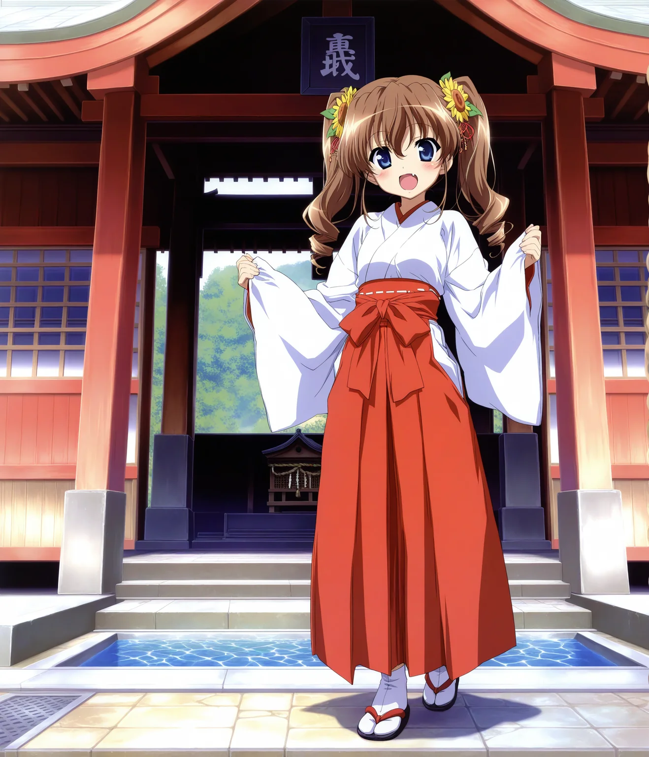 masterpiece,best quality,high resolution,caustics,detailed,1 girl,solo,
full_body,standing,japanese shrine,outdoor,
,look_at_viewer,
<lora:mikaV1:1>nogizaka_mika,nogizaka_haruka_no_himitsu, twintails, sunflower, flower, hair ornament, hair flower,long hair, drill hair, hair between eyes,fang,brown hair,blue eyes,small breasts,
miko,japanese clothes,hakama,tabi,