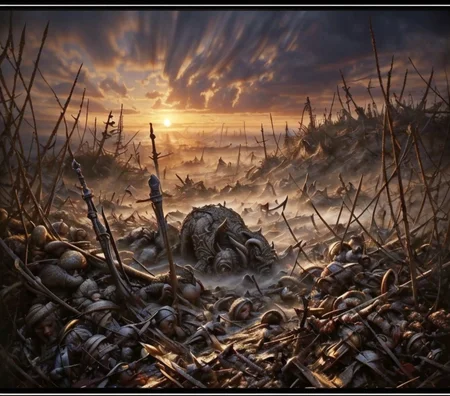 RAW photo, (masterpiece:1.3), subsurface scattering, heavy shadow, (high quality:1.4), (intricate, high detail:1.2), professional photography, HDR, High Dynamic Range, realistic, ultra realistic, photorealistic, high resolution, film photography, ambient lighting, atmospheric effects, <lora:detail_slider_v4:2>, OverallDetail, battlefield, <lora:Battlefield:1>, dawn, epiCPhoto