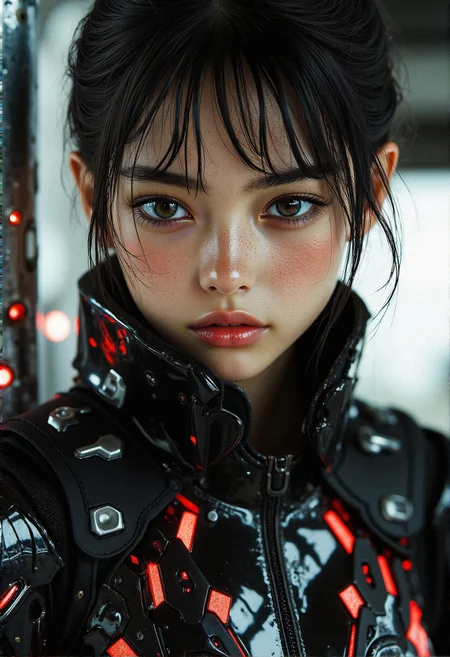 hyper-realisitic, hyper-detailed, detailed clothing, detailed foreground, RAW photo, detailed foreground, detailed clothing, detailed lighting, aidmaHyperrealism, aidmamj6.1, anatomically correct, curvy female, midjourney_whisper_innocent_eyes,
A hyperrealistic close-up portrait of a cyberpunk woman dressed in glossy black armor accented with glowing red lights. Her hair is tied back in a sleek ponytail, with loose strands framing her symmetrical face. Her soft brown eyes are intense, framed by sharp eyeliner and faint metallic shimmer on her eyelids. The texture of her armor is intricate, with hexagonal patterns and faint scratches visible on its surface. The lighting creates a dramatic contrast, with the glowing red accents reflecting off her armor and illuminating her delicate features. The blurred background reveals hints of a futuristic cityscape, with faint neon lights and metallic surfaces adding depth to the scene.
<lora:FluxDFaeTasticDetails:0.3> <lora:midjourney_whisper_innocent_eyes_v01:0.9>