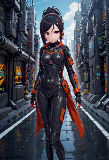 techware, highly detailed,1 girl,full body,rin,futuristic city background