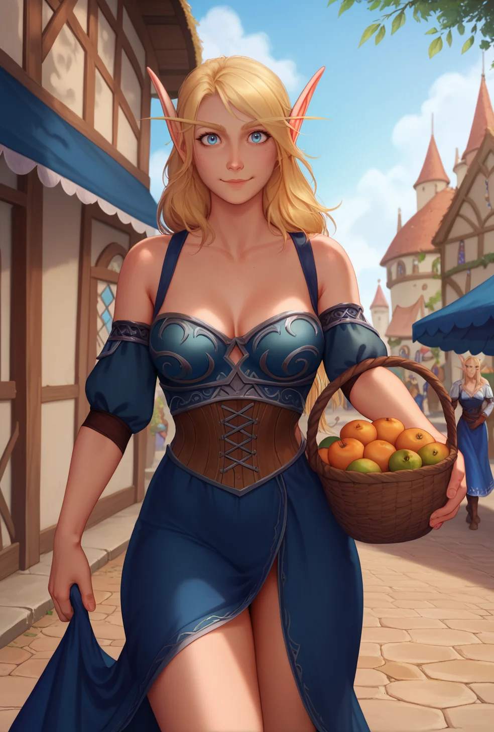 score_9, score_8_up, score_7_up, score_6_up, 1girl, solo, holding fruit basket, walking, smiling, cute, blue dress, tight, cleavage, medium breasts,
outdoors, medieval setting, bazaar, street market, daylight, godrays,
<lora:Krys_Decker_-_Artist_style_Newer__characters:0.8> ss-krd_new, <lora:Sylvana WindrunnerelfPonyLoRA:0.8> sylwinog, long hair, blue eyes, blonde hair, elf, pointy ears,