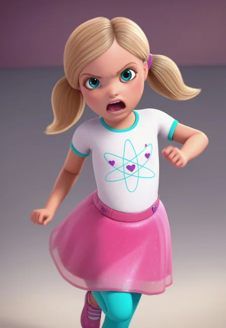 zPDXL3, 1girl, solo, chelsea_roberts, twintails, aqua eyes, blonde hair, white shirt, short sleeves, pink skirt, leggings, fight pose, dynamic angle, angry, open mouth, child, female child,