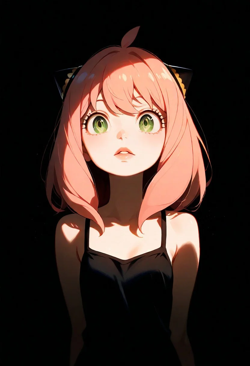 1girl,Anya Forger (Spy x Family), lips, thin lips, parted lips, solo, looking at viewer, camisole, upper body, dark, underlightling, masterpiece, best quality, very aesthetic