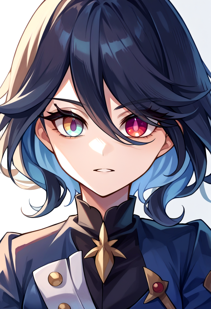 score_9, score_8_up, source_anime, 1girl, cowboy shot, heterochromia, rainbow eyes, light red eyes, <lora:FurinaEyes_PDXL:1>, straight-on, black hair,