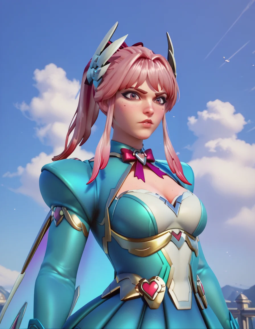score_9, score_8_up, score_7_up, Masterpiece, high-res, 2k, best quality, 2.5d, 1girl, freja courage, freja (overwatch),Elegant Hair Play: Play with your hair in a way that suggests confidence and playfulness adding a touch of charm to your pose., sky background, clouds <lora:Freja_doki_pon-000037:1>