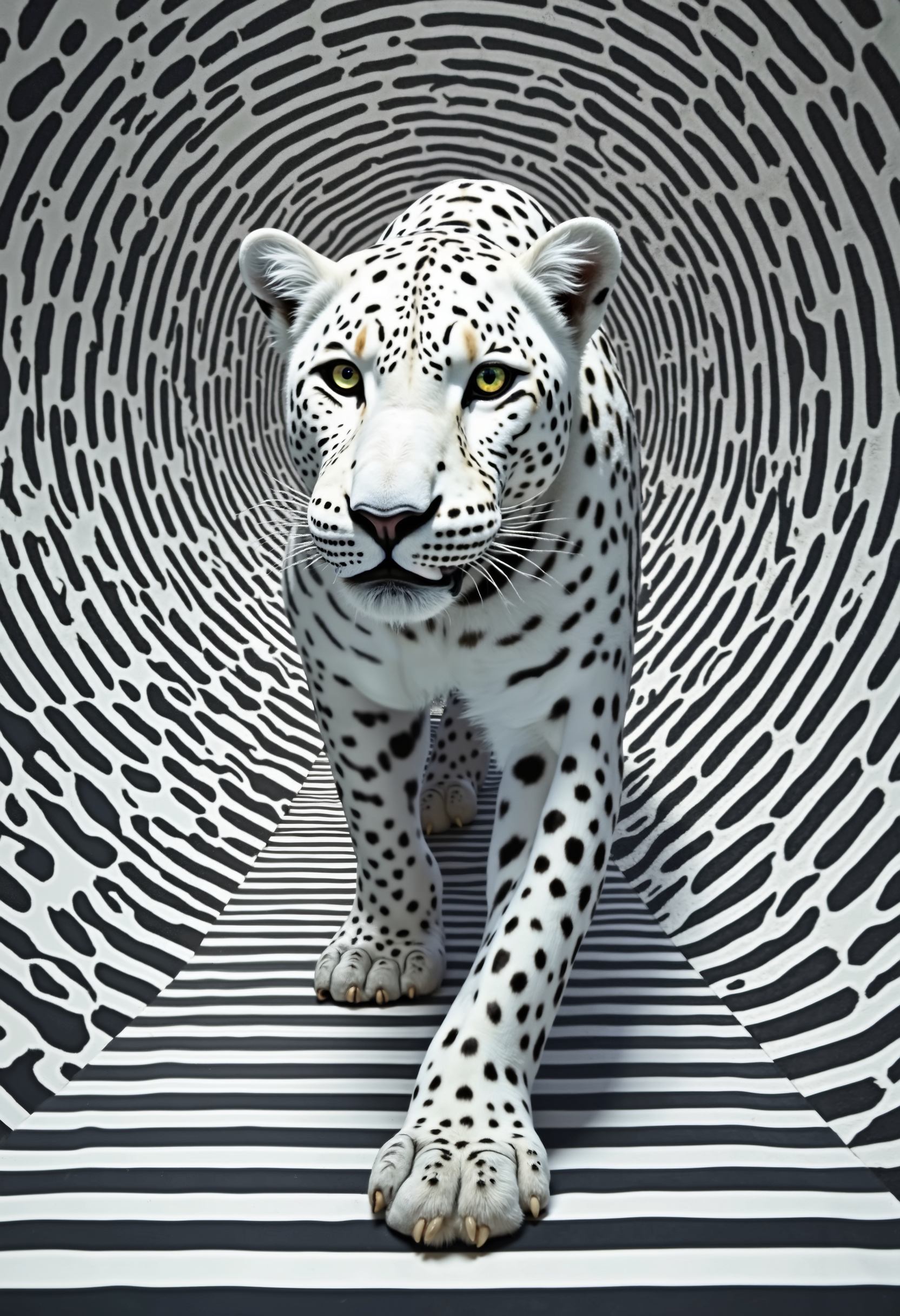 A captivating optical illusion of a white leopard standing against a mesmerizing backdrop of alternating white and black spots like leapord skin. The close up leopord pose, creates an illusory sense of motion amidst the static pattern. The stripes rise from the bottom, giving the impression of an infinite upward journey, merging art and perception in a visually striking manner.