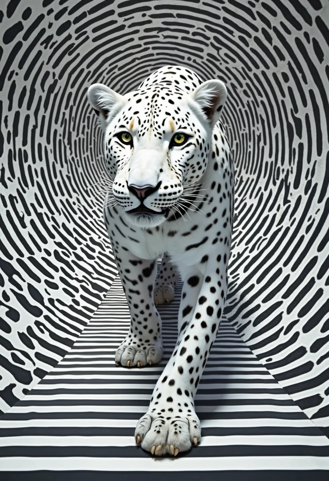 A captivating optical illusion of a white leopard standing against a mesmerizing backdrop of alternating white and black spots like leapord skin. The close up leopord pose, creates an illusory sense of motion amidst the static pattern. The stripes rise from the bottom, giving the impression of an infinite upward journey, merging art and perception in a visually striking manner.