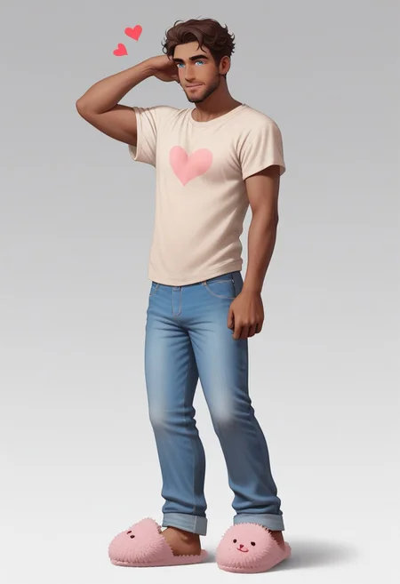 Arabian 25yo Naveen, 1boy, medium dark brown skin, slender manly body, combed medium brown hair, light blue eyes, facial expression loving, subtle beard stubble, baggy shirt, loose jeans, standing pose, leaning side view, hearts, fuzzy slippers