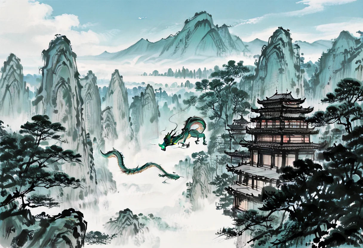 1other, eastern dragon, east asian architecture, <lora:Ink_wash_painting_style_v2.0:1> cityscape, mountainous horizon, day, forest, flying,
BREAK
very awa, masterpiece, best quality, absurdres, newest, perfect quality, detailed background, intricate details,