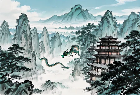 1other, eastern dragon, east asian architecture, <lora:Ink_wash_painting_style_v2.0:1> cityscape, mountainous horizon, day, forest, flying, 
BREAK
very awa, masterpiece, best quality, absurdres, newest, perfect quality, detailed background, intricate details,