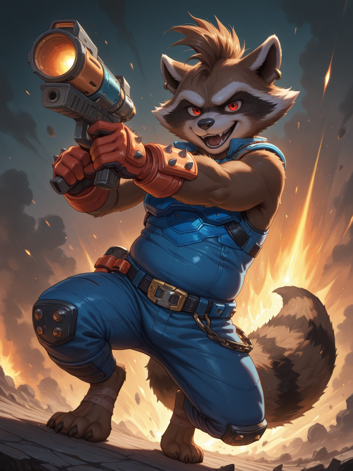 <lora:RocketRaccoon-normal-illustriousXL-000012:0.8>,rocket raccoon,furry,1boy,solo,plump,red eyes,combat uniform,gloves,belt,pants,bandage,earrings,feet,mohawk,open mouth,fighting,holding gun,cover,looking_at_viewer,digital painting,artwork,anime style,masterpiece,best quality,amazing quality,