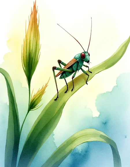 water color image on rough paper, Watercolor illustration of a tiny cricket perched atop a delicate grass blade, one front leg lifted in a curious posture; soft background with muted shades of blue and green to emphasize the insect's texture; exaggerated antennae and shiny eyes add character; petals and veins rendered with intricate detail; warm golden light filters through leaves enhancing chromatic depth; composition captures the intricate beauty of nature at microscopic scale. Soft brushwork, delicate shading, petal textures, golden illumination, detailed insects, watercolor medium.