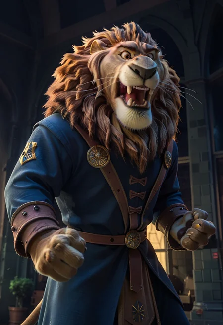 score_9, score_8_up, score_7_up,
rating_safe, looking at viewer,
roaring, action pose, (angry), action lines, view from below,
Lionheart, furry male, solo, lion, brown fur, brown eyes, whiskers, lion tail,
medieval armor,
medieval castle, hall, columns, cobwebs, indoors, ((night time)), warm lighting,