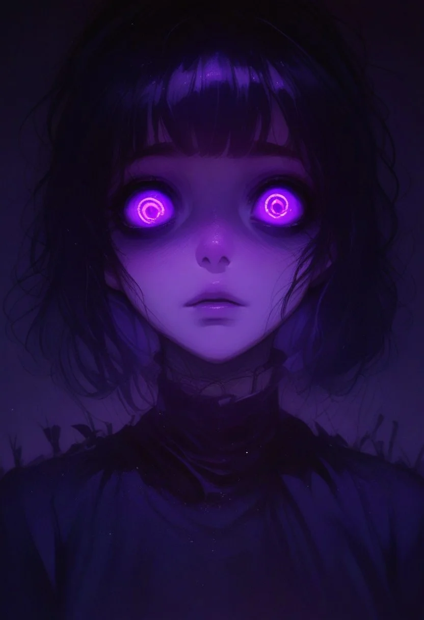 score_9, score_8_up, score_7_up, source_anime, 1girl, (half body view:1.3), purple eyes, glowing eyes, pupils, horror style, perfect composition, artstation, intricate, highly detailed, black color, purple color, inking, gradient, 
Expressiveh