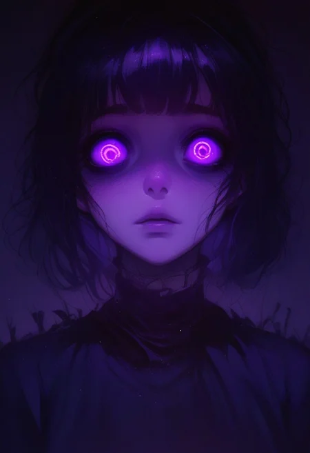 score_9, score_8_up, score_7_up, source_anime, 1girl, (half body view:1.3), purple eyes, glowing eyes, pupils, horror style, perfect composition, artstation, intricate, highly detailed, black color, purple color, inking, gradient,
Expressiveh