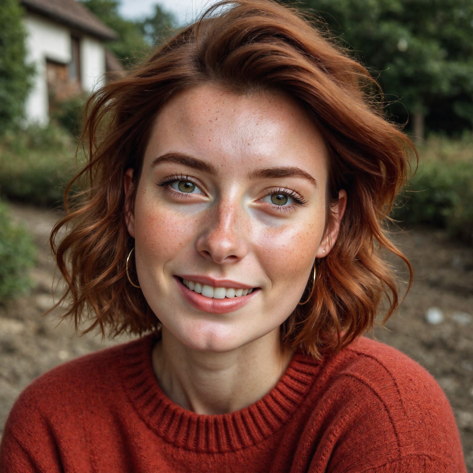 Professional photography, sunlight, 35mm film, sharp lens, shot from a low angle, closeup photo of a young woman wearing a red wool textured sweater with short red hair in London garden, side profile, candid smile, warmth in her expressive eyes, her green eyes catch the light in an appealing manner. The photo is a production still for a movie, the focus is sharp. Daytime spring garden, dirt obscuring the ground. Professional lighting and color grading for a clean sharp film look. Her face is evenly lit showing light freckles and natural skin imperfections and visible skin pores.