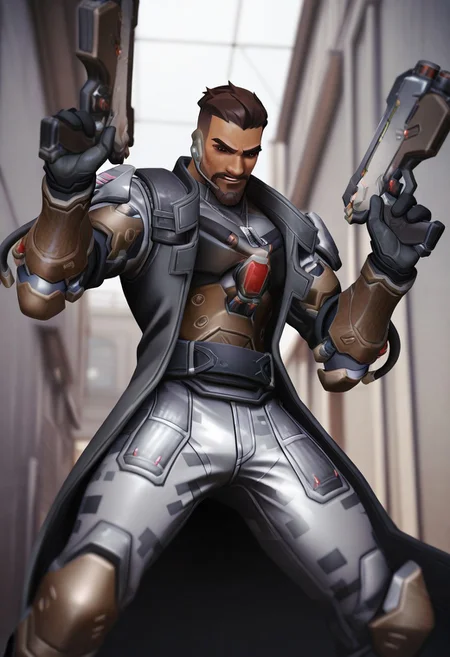 2.5d, reaper /(overwatch)/, dark skin, short hair, brown hair, brown eyes, undercut, beard, armor, gloves, gray camouflage pants, dogtag, earphone, gray camouflage top, trench coat, long sleeves, gauntlet, dynamic pose, holding double guns, depth of field, best quality, absurdres, newest, perfect quality, detailed background, intricate details