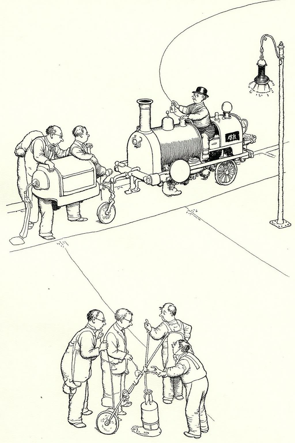 whrob1 illustration. 
four men interacting with miniature steam locomotives. The locomotives, drawn in a whimsical, exaggerated style, is positioned on a track that curves to the right, with its smokestack and wheels visible. The locomotive appears to be a toy or model, with exaggerated features such as large, bulbous boiler and a tiny caboose. <lora:whrob1_cap_d6a3e11:1.0><lora:828458664370276244:0>