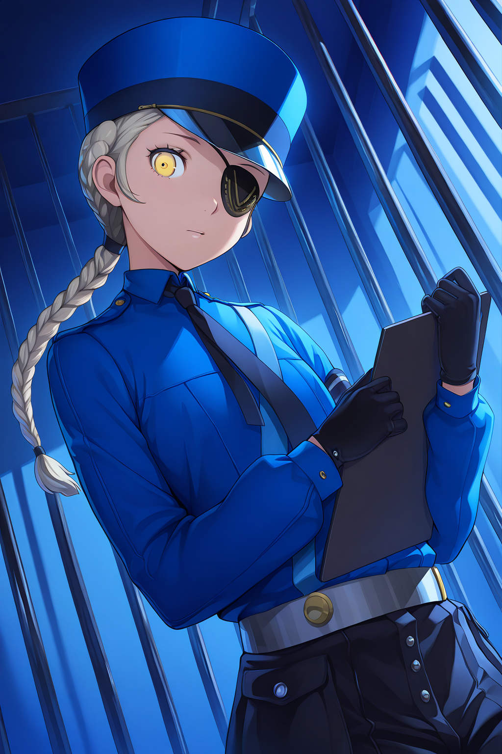 1girl,
JustinePersona,
general, dynamic angle, upper body,
eyepatch over the left eye, police hat,
blue shirt, black gloves, black necktie, grey belt, black shorts,
looking at viewer, holding clipboard,
blue theme, prison,
<lora:kp_CarolineAndJustinePersonaIllustrious_v1_0:1.0>,
masterpiece, best quality, amazing quality