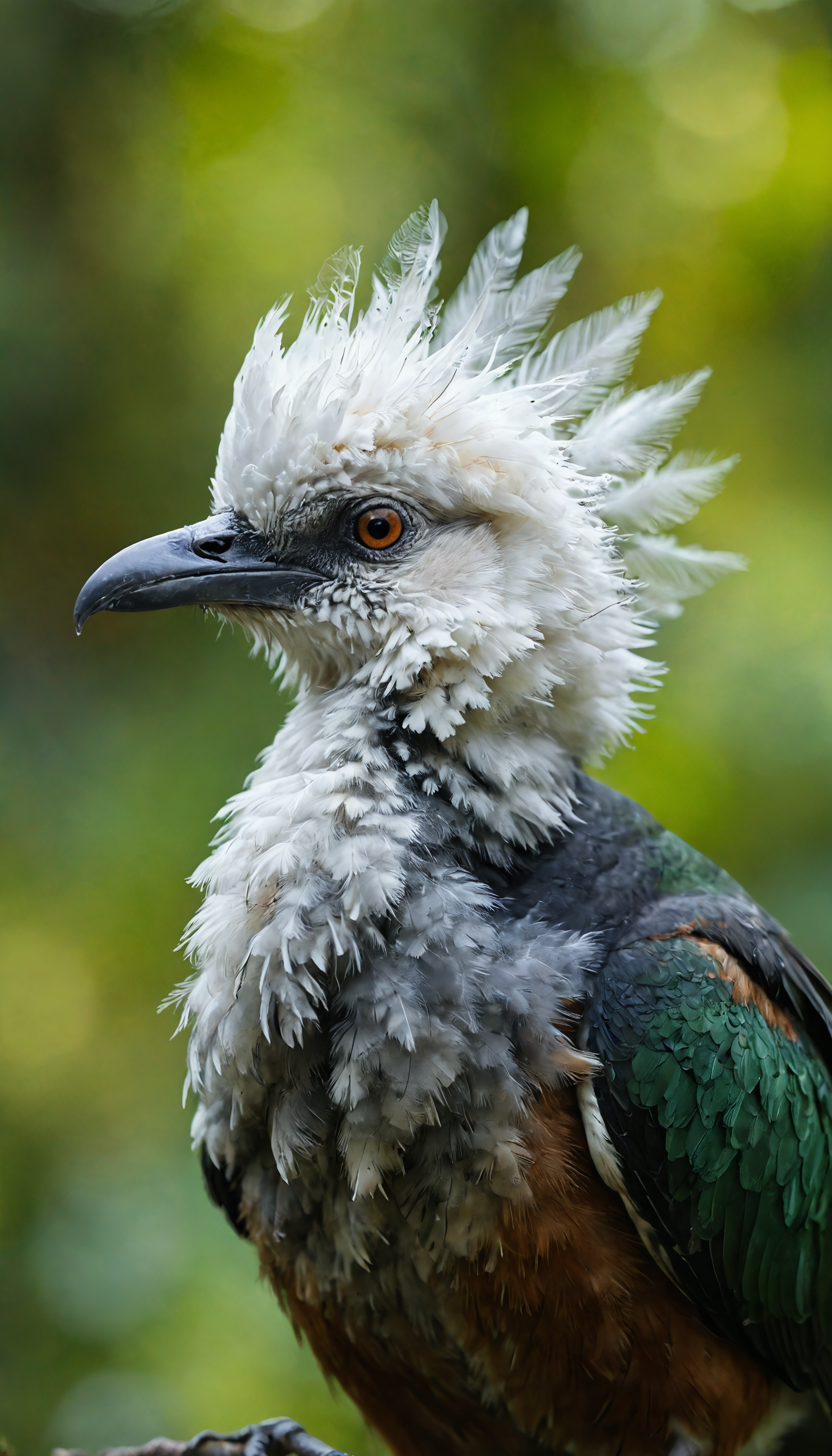 This is a close-up photograph of a bird's head. The bird has a fluffy white head with a prominent, sharp-edged beak. The feathers on the bird's head are dark, possibly black or dark gray, and they appear to be ruffled or ruffled. The background of the image is blurred, but it seems to be a natural setting with green foliage, suggesting that the bird is in a forest or a similar environment. There are no discernible texts or other objects in the image. The focus is solely on the bird's head, and the image does not provide any additional context or information about the bird's species or location.