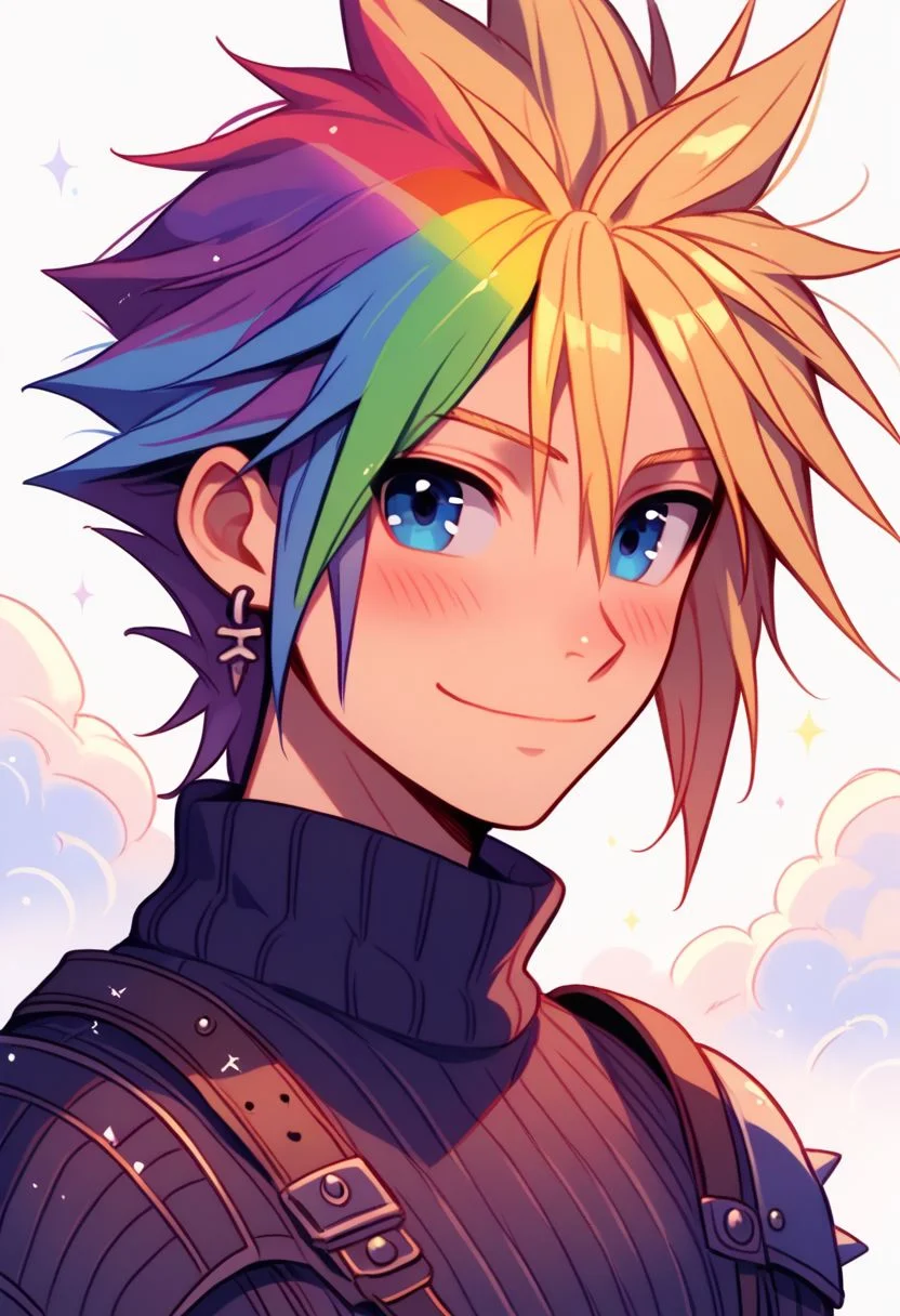 prideb4fall, Cloud Strife, 1boy, male focus, solo, rainbow hair, spiked hair, jewelry, earrings, blue eyes, smile, upper body, armor, looking at viewer, single earring, turtleneck, short hair, shoulder armor, hair between eyes, blush, white background, made of rainbows, rainbow overlay, pride month, rainbows
zPDXL2