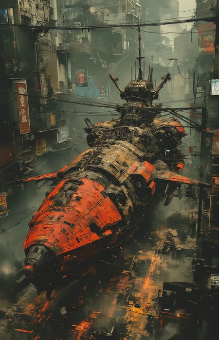 a large intricately designed spaceship or aircraft predominantly colored in shades of red and gray. The background depicts a bustling urban environment with various buildings billboards and signs in different languages suggesting a multicultural cityscape. The medium appears to resemble digital art given the precision and the level of detail. <lora:Luminous_Shadowscape:.8> <lora:- Flux1 - the_edgy_mech_V1.0-step00008200:.8>