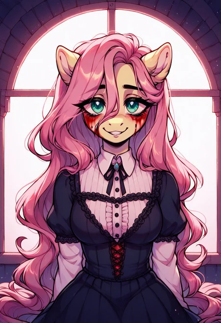 core_9, score_8_up, score_7_up, score_5_up, score_pastel, ((masterpiece)), ((best quality)), (high detail), (ultra detail), Fluttershy, anthro pony, (close-up face:1.2), gentle smile, (bloody tears:1.3), half-closed eyes, colorful and vibrant blood dripping, pastel gothic style, flowing mane, sitting by the window with blood-stained clothes, cinematic composition, dark and gloomy background with soft red lighting, intricate detailed shading, painterly brush strokes, glowing reflections, melancholic atmosphere, (spooky but beautiful), soft misty ambiance, horror elegance, dramatic lighting, perfect body proportions