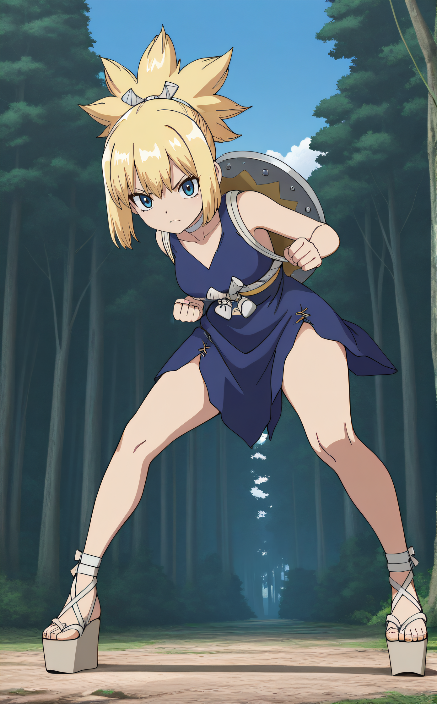 masterpiece, best quality, highres, newest, 1girl, solo, official style, anime screncap, <lora:IL_Kohaku:1>, kohaku, blonde hair, blue eyes, white choker, blue sleeveless dress, thighs, platform footwear, looking at viewer,  fighting stance, shield on back, frown, full body, scenary, outdoor, blue sky, forest