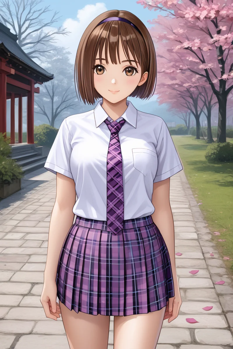 1girl, solo, looking at viewer, short hair, skirt, japanese temple, sakura petal, sakura tree, center of attention, brown hair, brown eyes, school uniform, standing, jacket, cowboy shot, pleated skirt, hairband, purple tartan necktie, plaid, plaid skirt, bob cut, Hoshizaki Ao, white shirt, short sleeves, school uniform outfit,<lora:Hoshizaki_Ao_Blue_Reflection_Pony:0.95>, sexy pose, sexy smile,