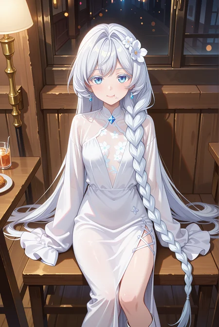 masterpiece, best quality, anime, 2d, 1girl, (slender), (anime screencap:1.2), (small breasts), solo, <lora:Hweiss-ILXL-V2:1> hweiss
BREAK (white hair, very long hair, white flower, hair flower, braided sidelock, colored eyelashes), (colored skin, pale skin) indoors
BREAK (white dress, cleavage cutout, see-through cleavage, flower print cleavage, cross-laced slit, long sleeves, sleeves past fingers, white footwear, long dress), boots,
BREAK (looking at viewer, cowboy shot, sitting, table, eating in restaurant:1.2), (light blue eyes),
BREAK <lora:RealisticAnimeIXL:0.5>, bokeh, dim lighting,