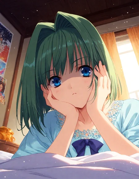 score_9, score_8_up, score_7_up, masterpiece, best quality, absurdres, official art, official style, (anime coloring, anime screencap, megami magazine, flat color:1.3), zPDXL2, zPDXLxxx,
<lora:Nanase_Aoi_Style_Pony_v1:1.0>, 1girl, solo focus, Nanase_Aoi_Style
bedroom, on bed, bed sheet, dim lighting, light particles, (from below:1.3), looking at viewer, dutch angle,
, hand on own face, indoors, pov, out of frame, blue eyes, bed, :|, close-up, shaded face, eyes visible through hair, curtains, portrait, serious, closed mouth, hand on own cheek, fingernails, green hair, glowing, poster (object)