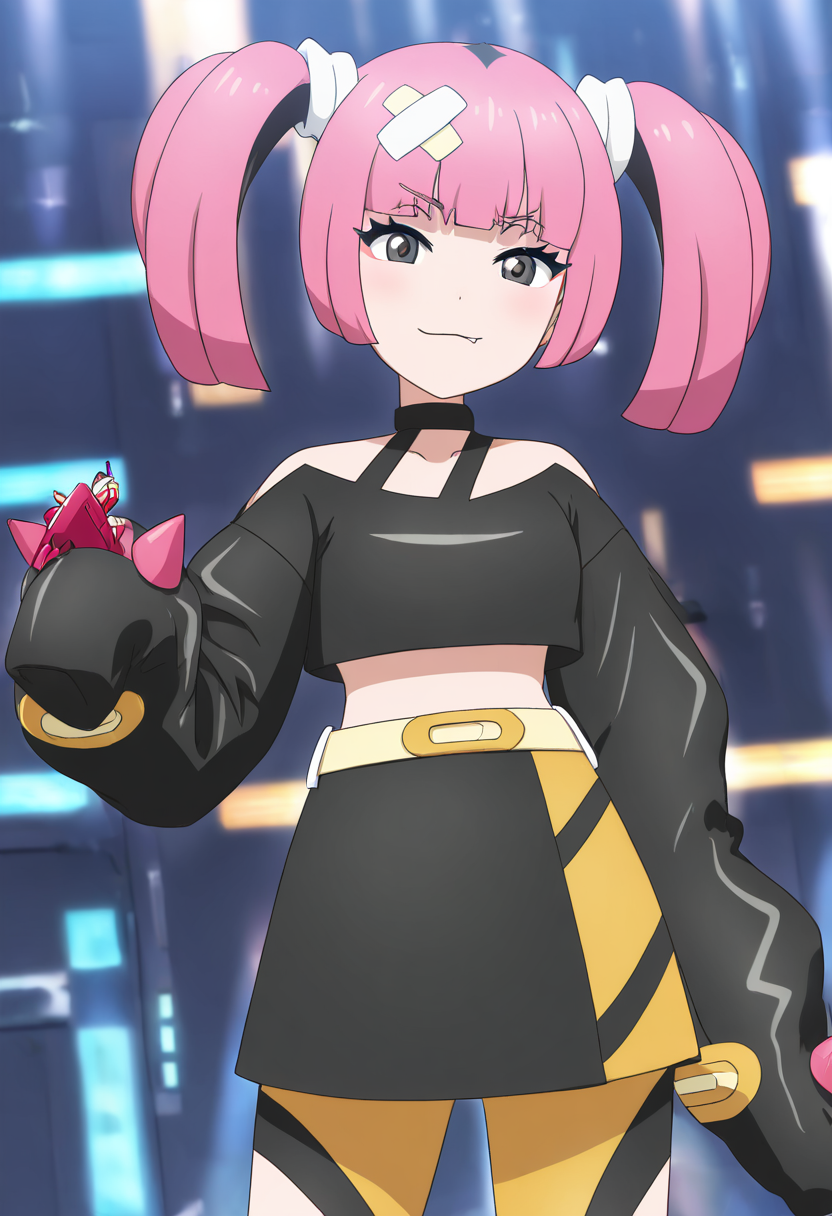 (masterpiece, best quality, good quality, very aesthetic, absurdres, newest:1.2),  zzSango, pink hair, short twintails, blunt bangs, hair ornament, belt, long sleeves, sleeves past fingers, black skirt, black choker, black crop top, bare shoulders, yellow belt, bandaid, midriff, collarbone,  ,     <lora:SangoPokemon_NAI:1.0>, , smile, looking at viewer, cowboy shot,  ,<lora:LoveLiveSchoolIdolFestivalAllStarsNAI:1.0>,