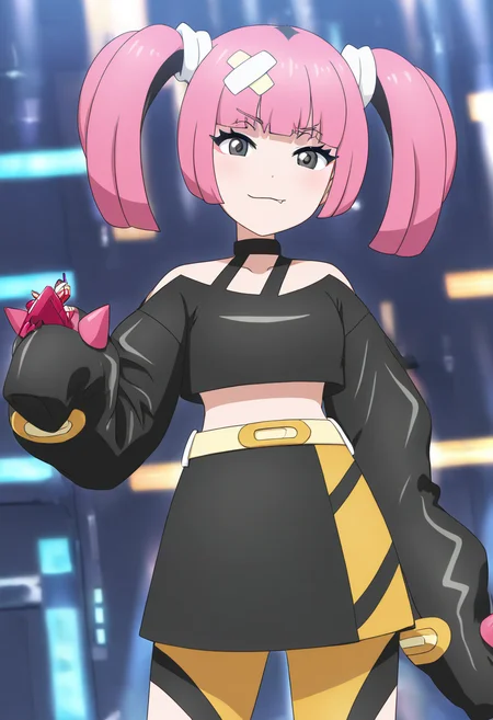 (masterpiece, best quality, good quality, very aesthetic, absurdres, newest:1.2), zzSango, pink hair, short twintails, blunt bangs, hair ornament, belt, long sleeves, sleeves past fingers, black skirt, black choker, black crop top, bare shoulders, yellow belt, bandaid, midriff, collarbone, , <lora:SangoPokemon_NAI:1.0>, , smile, looking at viewer, cowboy shot, ,<lora:LoveLiveSchoolIdolFestivalAllStarsNAI:1.0>,