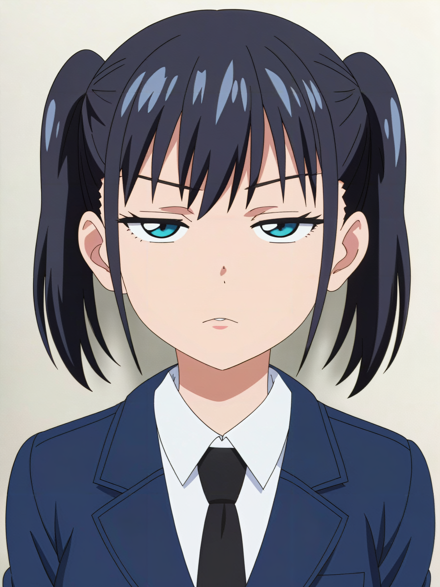 score_9,score_8_up,score_7_up,score_6_up,source_anime,
flat color,digital art,illustration,anime,line art,bright,vivid,
beautiful girl, junior,standing upright,
1girl,close-up shot,close up,Eyes Highlight, healthy skin,bright skin,pale skin,white skin,blush,
front view,from front,looking at viewer,moon face,round face,promotional,
black hair, black eyes, bangs, front bangs, up side twintail,pig tails,smooth hair, straight hair, cool tone,black business suit,jacket, black neck ties, tie, ties,
<lora:jitome_for_pony:0.7>jitome,hosome,half closed eyes, squinted eyes, narrowed eyes, narrow gaze,Straight gaze,
white background,simple background,
masterpiece,high quality,high resolution,high detail,
High brightness,Clear, crisp and sharp,
ID photo,anime screencap, <lora:MeMaXL_V3:0.8>mouth smile,opened mouth,wide opened mouth,big opened mouth,large mouth,frown eyebrows,