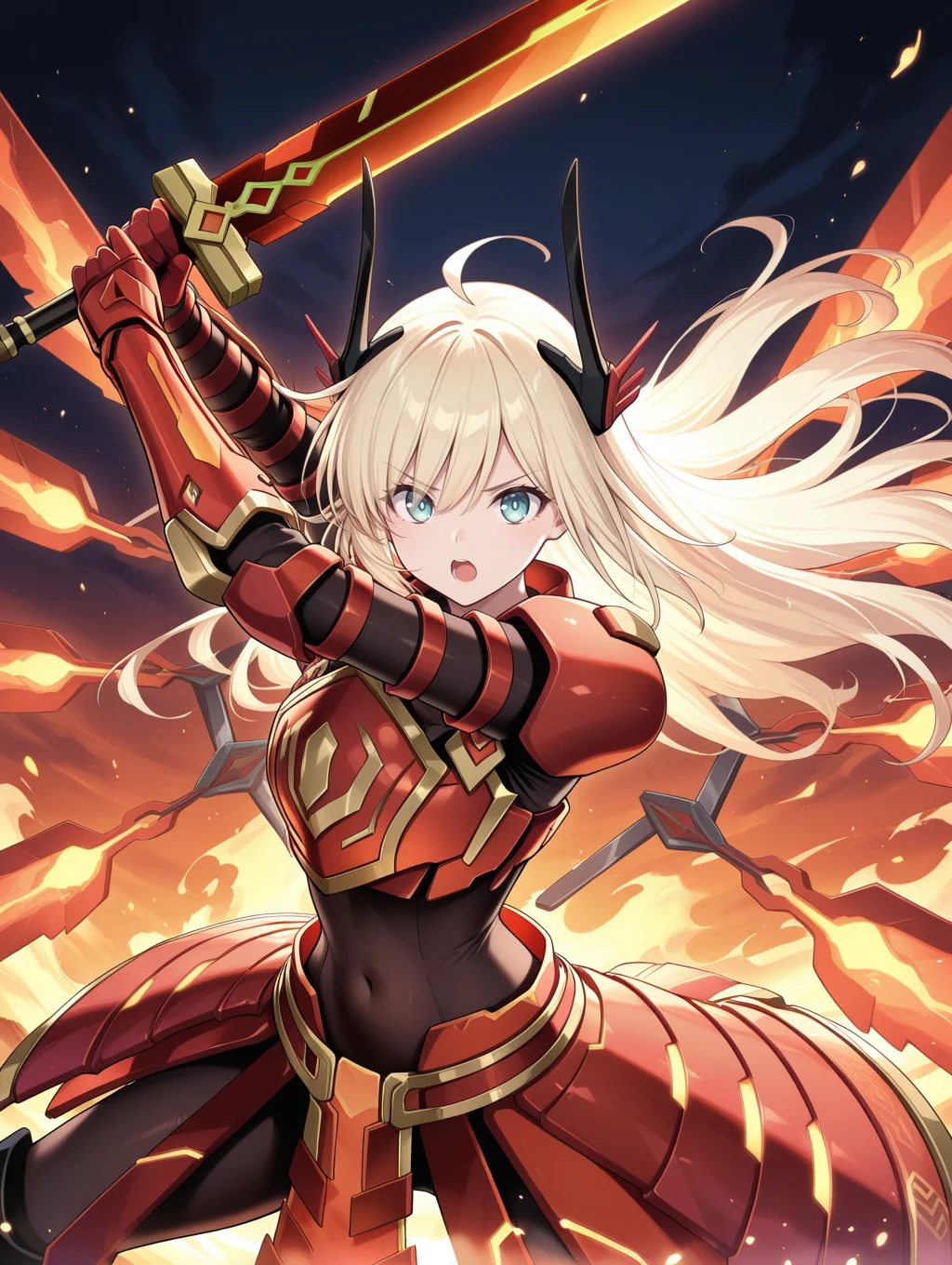 sky striker ace - raye,red power armor,mecha musume,official alternate costume,1girl,solo,fighting stance,red huge sword,holding red huge sword,open mouth,covered navel,looking at viewer,fire,floating hair,black bodysuit,weapon over shoulder,serious,red headgear,red sword wings,red armored gloves,red breastplate,
masterpiece,best quality,amazing quality,very aesthetic,absurdres,newest,<lora:Sky striker ace - kagari illusXL v1:0.7>,