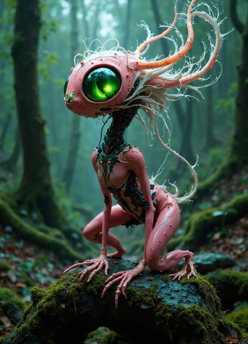 A haunting fusion of organic and synthetic, this hyper-realistic surrealist masterpiece depicts a cybernetic forest sprite emerging from primordial ooze. Its elongated neck, composed of intertwining bio-mechanical tendrils and pulsing circuitry, supports a delicate head with impossibly large, luminous green eyes that pierce the soul. The creature's body is a symphony of textures - sleek pink polymers intermingling with raw, exposed musculature and gleaming metallic components. Wisps of white fiber-optic hair float ethereally around its head, contrasting sharply with the gnarled, moss-covered stone it perches upon. The background fades into a misty, twilight forest, hinting at ancient mysteries and futuristic wonders alike. Intricate details abound - dewdrops clinging to synthetic lashes, minute circuitry patterns etched into exposed panels, and the soft glow of bioluminescent patches scattered across its form. This image captures the delicate balance between nature and technology, the familiar and the alien, in breathtaking hyper-realistic detail that challenges the viewer's perception of reality.