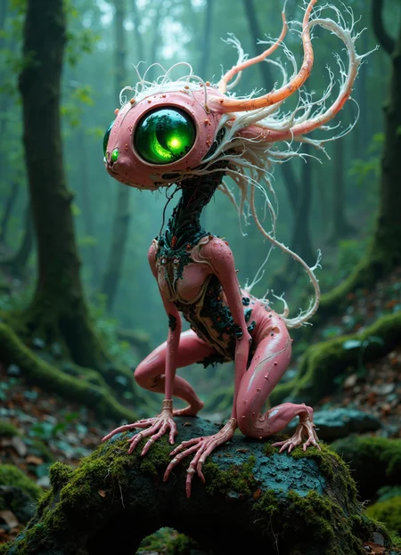 A haunting fusion of organic and synthetic, this hyper-realistic surrealist masterpiece depicts a cybernetic forest sprite emerging from primordial ooze. Its elongated neck, composed of intertwining bio-mechanical tendrils and pulsing circuitry, supports a delicate head with impossibly large, luminous green eyes that pierce the soul. The creature's body is a symphony of textures - sleek pink polymers intermingling with raw, exposed musculature and gleaming metallic components. Wisps of white fiber-optic hair float ethereally around its head, contrasting sharply with the gnarled, moss-covered stone it perches upon. The background fades into a misty, twilight forest, hinting at ancient mysteries and futuristic wonders alike. Intricate details abound - dewdrops clinging to synthetic lashes, minute circuitry patterns etched into exposed panels, and the soft glow of bioluminescent patches scattered across its form. This image captures the delicate balance between nature and technology, the familiar and the alien, in breathtaking hyper-realistic detail that challenges the viewer's perception of reality.
