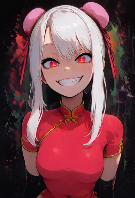 (masterpiece, best quality, good quality, very aesthetic, absurdres, newest:1.2), (curvy, medium breasts), zQipaoIllyaCitron, red eyes, hair bun, hair ribbon, sidelocks, white hair, bun cover, chinese clothes, china dress, elbow gloves, black thighhighs, , <lora:QipaoIllyaCitronOC_NAI:1.0>,, smile, looking at viewer, (upper body), multicolored hair, grin, sharp teeth, abstrack colors, (glowing), black background, ,<lora:GlowingNightmare_NAI:1.0>,