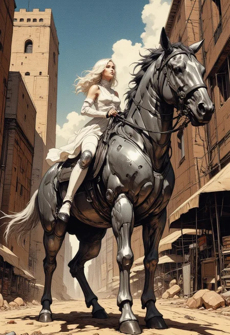 (high contrast image, digital drawing, hyper realistic, nistyle:1.2).
candid, low angle, angled, cinematic shot, blending cyberpunk and fantasy elements. a blackmarket in a narrow street of a sand planet, bustling with shady space pirates and brimming with market stalls selling cyber tech. in the center of the street a woman riding an war horse. the woman wears a tight, white, minimalist cyber armor, with silver, modern arm and leg guards. despite her loose platinum hair and her delicate build, she exudes an perilous and commanding aura. the horse is fully covered in massive titanium armor, consisting of countless individual plates layered, resulting in a futuristic, modern design with sharp lines and edges, emphasizing the combat purpose. the buildings adjacent of the street, are of medieval type, tall and ominous, constructed of large square, textured, cobblestone blocks, contradicting the futuristic nature of the scene. the narrow alley is gloomy, only the bright sky above casting light on the mysterious woman, keeping her partially shrouded in shadows. the color palette is dominated by muted colors of the desert, with the ominous woman in innocent white creating a sharp contrast. the overall mood is dramatic and mysterious.