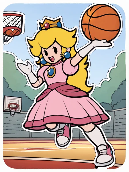 paperpeach, 1girl, blonde hair, dress, solo, crown, long hair, pink dress, jewelry, earrings,open mouth,jumping, jordans,  white gloves, full body, solid oval eyes,open mouth ,holding, midair, outdoors,  basketball \(object\),basketball hoop,slam dunk \(basketball\),  basketball court,  looking at viewer,white outline, score_9, score_8_up, score_7_up, score_6_up, score_5_up, score_4_up <lora:PaperPeachPony1.0:1>