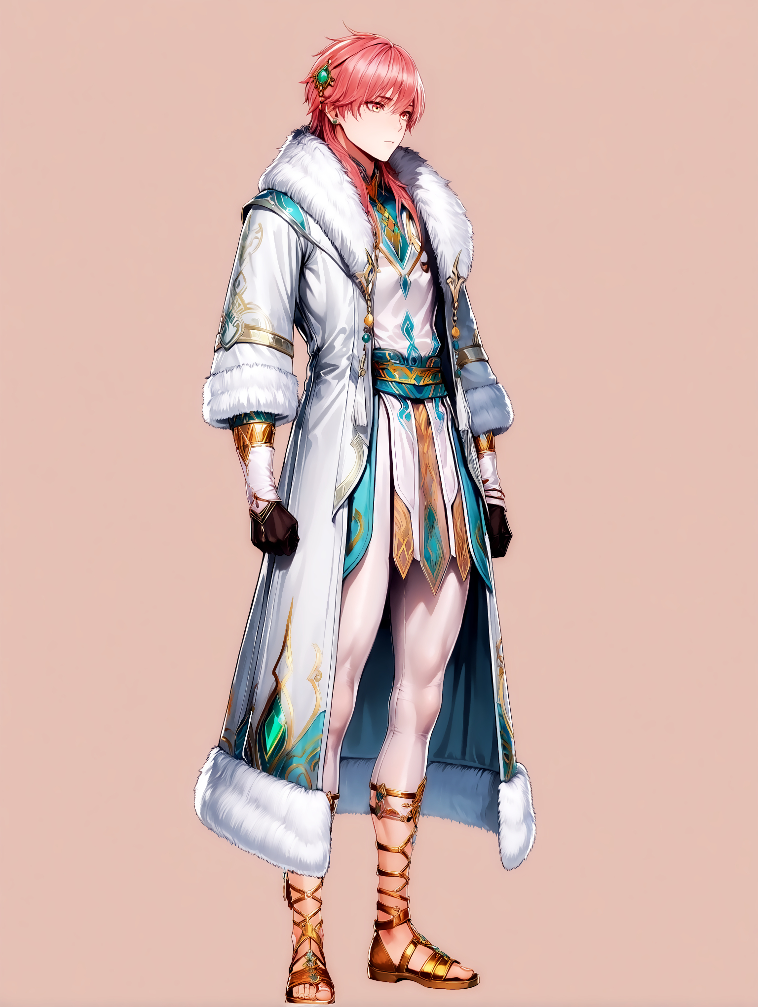 masterpiece, very aesthetic, best quality, amazing quality, solo, imtdkonghongjun, 1boy, male, standing, jewelry, pink hair, long hair, earrings, yellow eyes, hair ornament, fur trim, long sleeves, long tunic, covered legs, bangs, coat, sandals, golden sandals, gloves, gem, simple background, fit body, tunic
