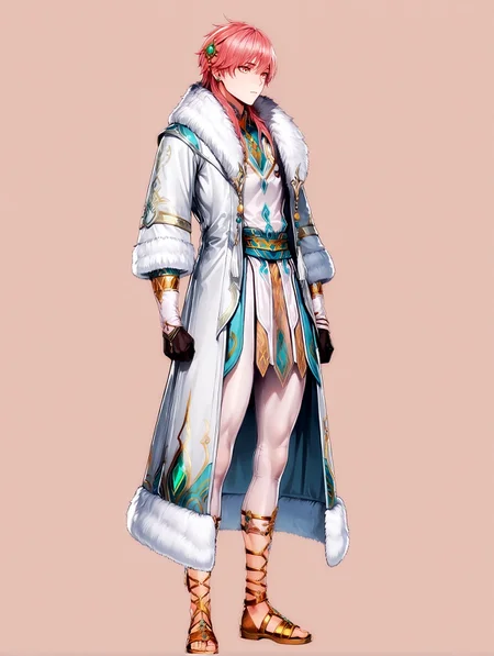 masterpiece, very aesthetic, best quality, amazing quality, solo, imtdkonghongjun, 1boy, male, standing, jewelry, pink hair, long hair, earrings, yellow eyes, hair ornament, fur trim, long sleeves, long tunic, covered legs, bangs, coat, sandals, golden sandals, gloves, gem, simple background, fit body, tunic
