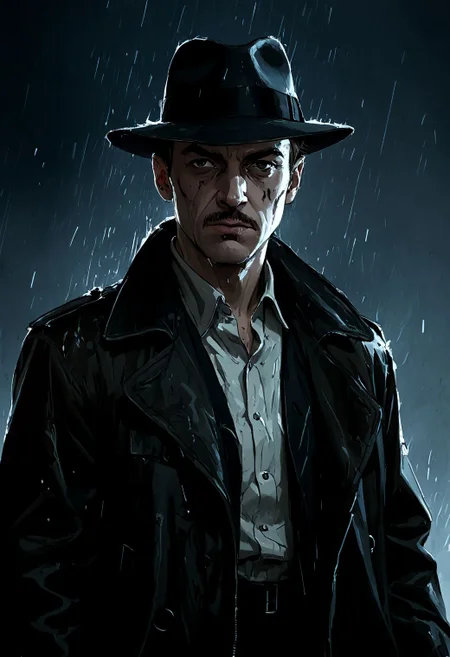 (Film noir style:1.4), intimidating portrait of Rorschach from watchmen, cyber-implants, neo-noir cyberpunk, dark, gritty, hard rain, rain splashes, heavy rain, wet clothes, dripping face, cyberpunk 2077 poster art by Brian Oldham and Conor Harrington, action pose, highly detailed, UHD, <lora:add-detail-xl:1> <lora:offset_0.2:1>, (Monochrome:1.2), high contrast, dramatic shadows, 1940s style, mysterious, cinematic