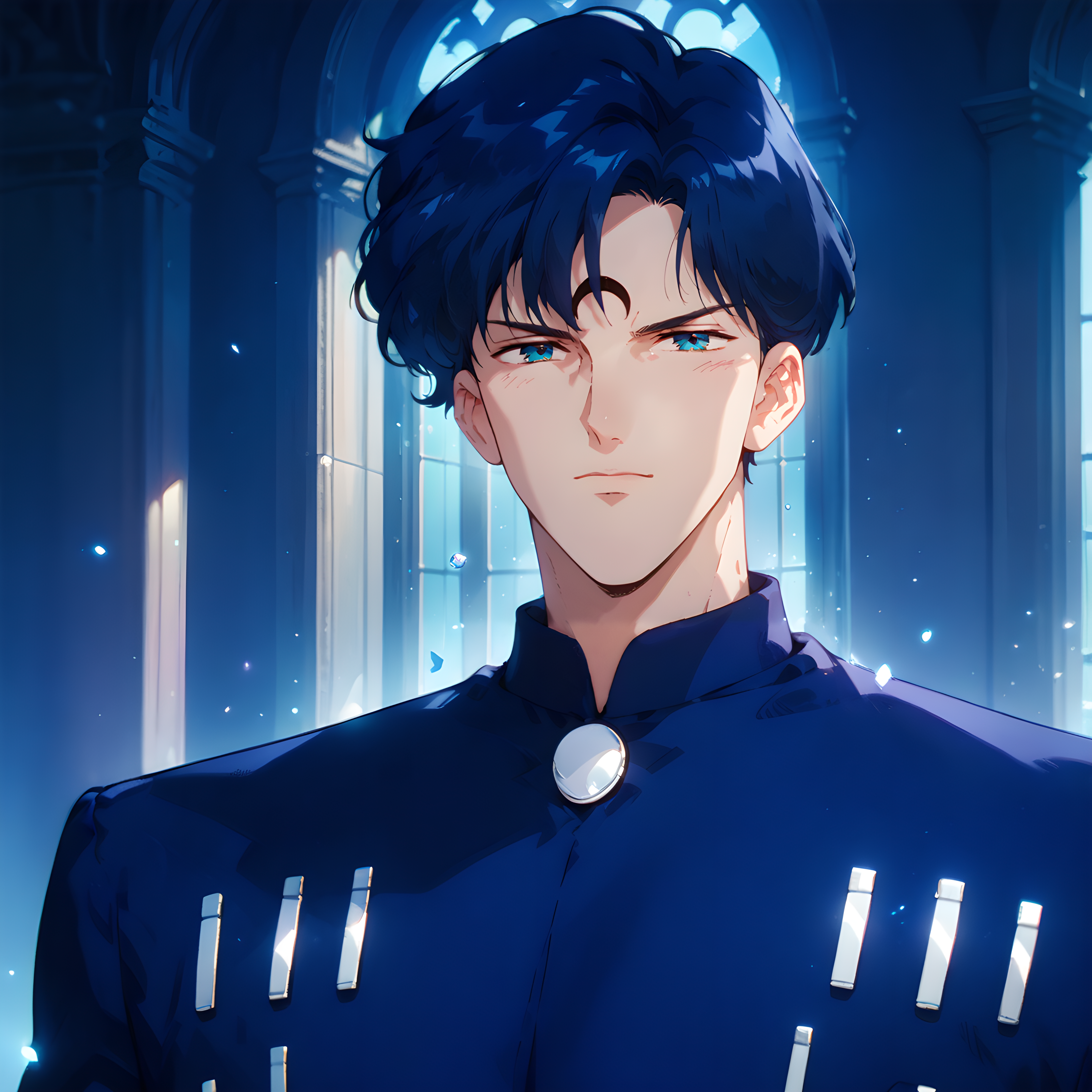 score_9, score_8_up, score_7_up, score_6_up, score_5_up, score_4_up, 1boy, male focus, <lora:Sapphire_Sailor_Moon:1> sapphire, blue hair, blue eyes, crescent facial mark, lots of details, best aesthetic, masterpiece, best quality, absurdres
