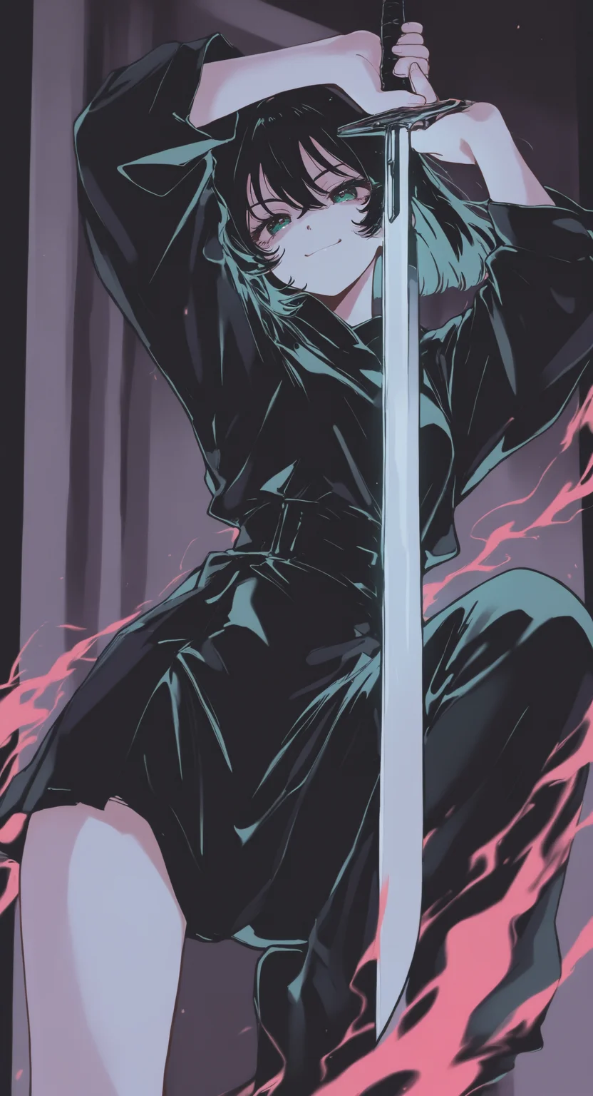 masterpiece, best quality, good quality, newest, highres, absurdres, ScribbleRay, 1girl, dramatic pose, dramatic angle, posing, smile, holding sword. one leg raised, Ethereal Brushstroke,dhjs,
melanch0ly, retro anime,
(oharu-chan:0.85), (shimashiro itsuki:1.2), <lora:illustriousXL_stabilizer_v1.23:0.3> <lora:NOOB_vp1_detailer_by_volnovik_v1:0.3> <lora:ponyv6_noobE11_2_adamW-000017:0.45> <lora:Illustrious:0.15> <lora:ma1ma1helmes_b-000014:0.6> <lora:MelancholyAnime:0.6> <lora:dhjs_0010-waiNSFWIllustrious_v110_V1-CAME:0.85>