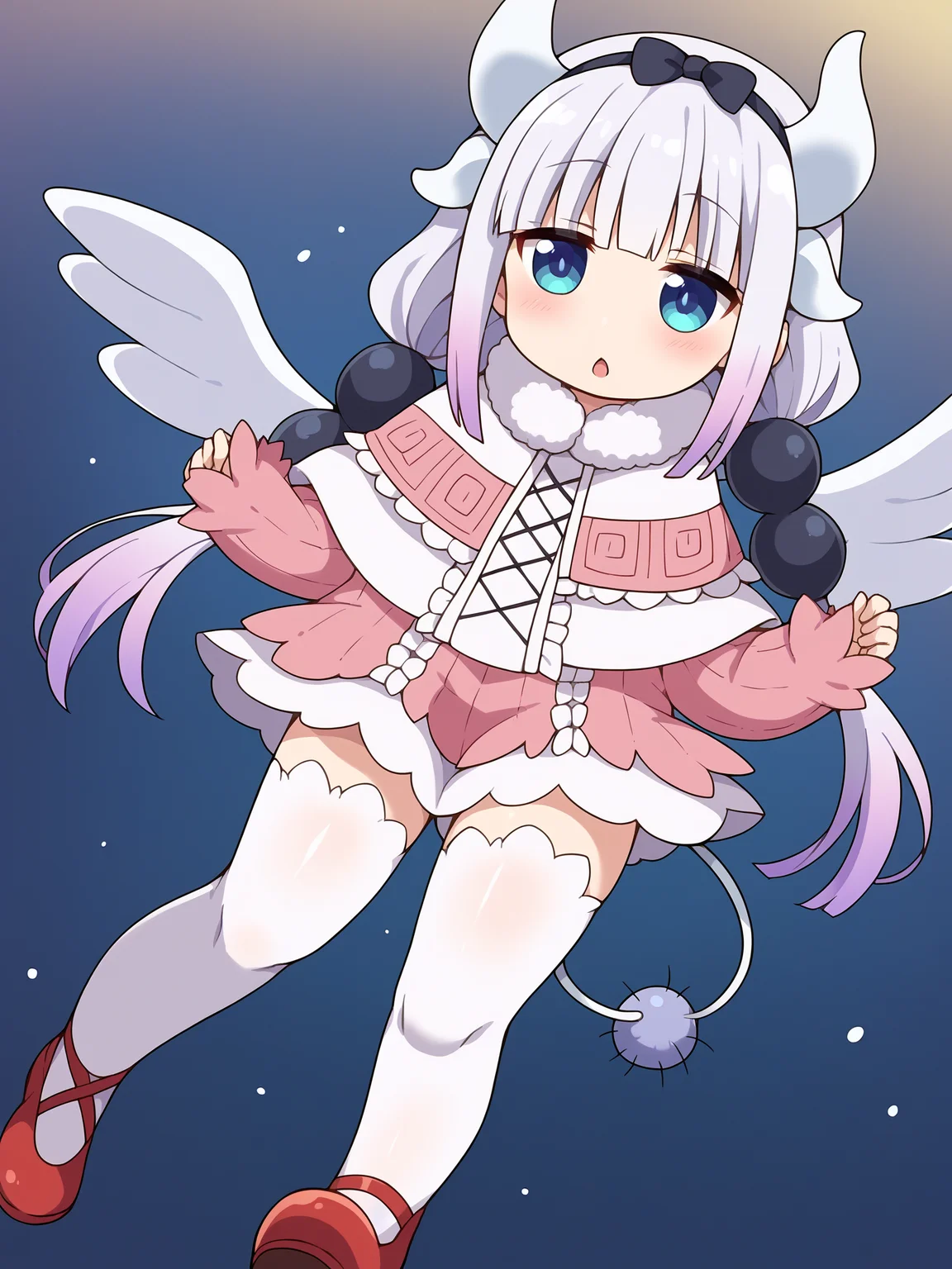 score_9, score_8_up, score_7_up, score_6_up, source_anime,
BREAK
1girl, solo, <lora:kanna:0.8> kanna kamui, capelet, horns, dress, hair beads, bow hairband, solo, tail, white thighhighs, low twintails, red shoes,
BREAK
In sky, free fall, in the air, falling, mid air, fly, white wings