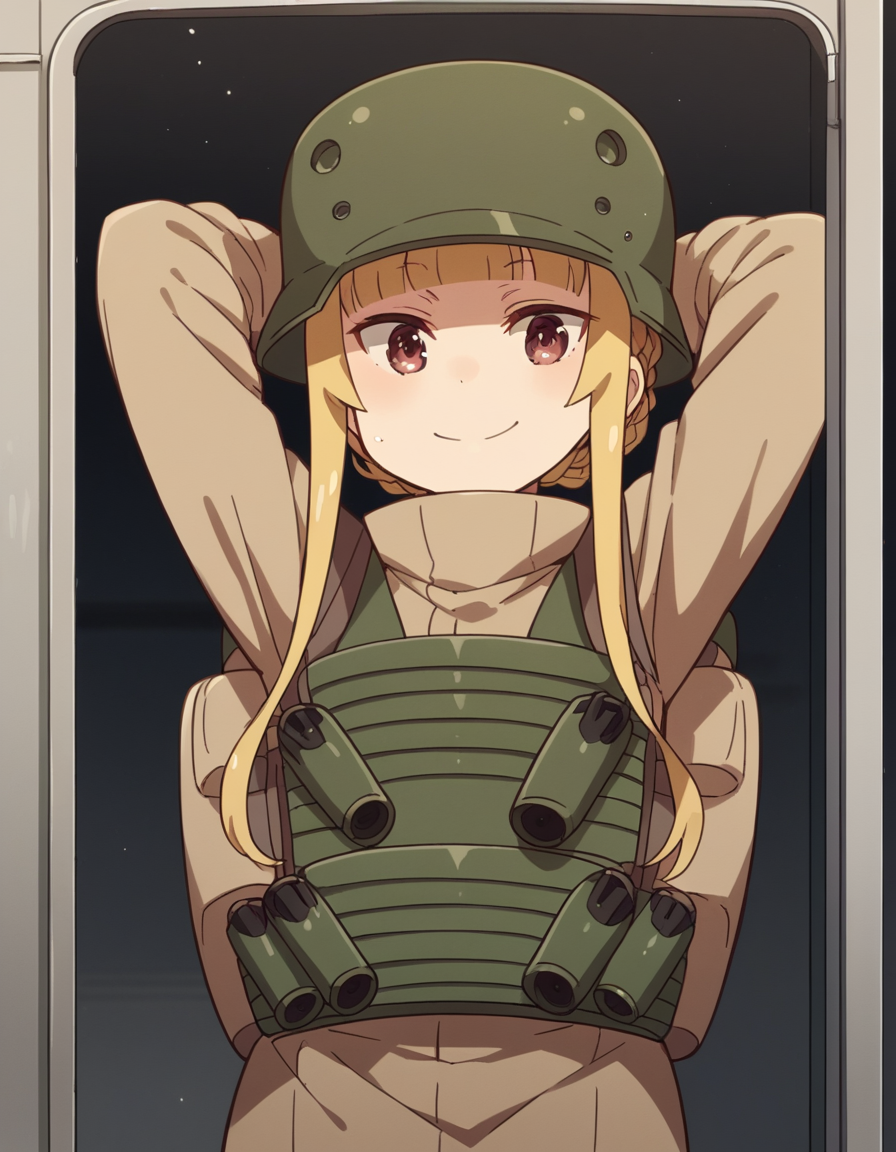 score_9, score_8_up, score_7_up, source_anime, <lora:fukaziroh-s1-ponyxl-lora-nochekaiser:1>, fukaziroh, blonde hair, brown eyes, braid, hair bun, single hair bun,, uniform, military, military uniform, helmet, load bearing vest, bus stop, waiting, commuter, smartphone, checking time, cold morning, smile, , hands behind head,, solo,, cowboy shot, dutch angle,