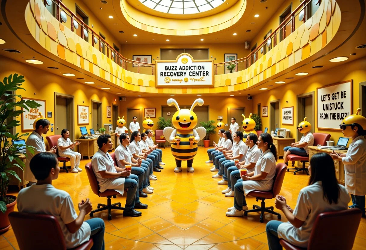 A quirky, humorous medical center specialized in treating people addicted to a fictional drug called Buzz. The center has a honeycomb-shaped building, with large bee statues holding medical equipment at the entrance. Doctors and nurses dressed in bee-themed scrubs attend to patients in bright yellow rooms decorated with honey jars and buzzing bees. A large sign reads "Buzz Addiction Recovery Center" , with text:"Let’s Get You Unstuck from the Buzz!" Inside, patients sit in therapy circles, holding honey jars like IV drips, while giant bee mascots lead wellness classes. The atmosphere is lighthearted, with honey-themed motivational posters like "Bee Yourself!" hanging on the walls.